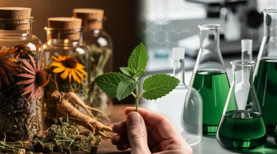 Fusion visuelle entre médecine traditionnelle et phytothérapie moderne avec plantes et laboratoire