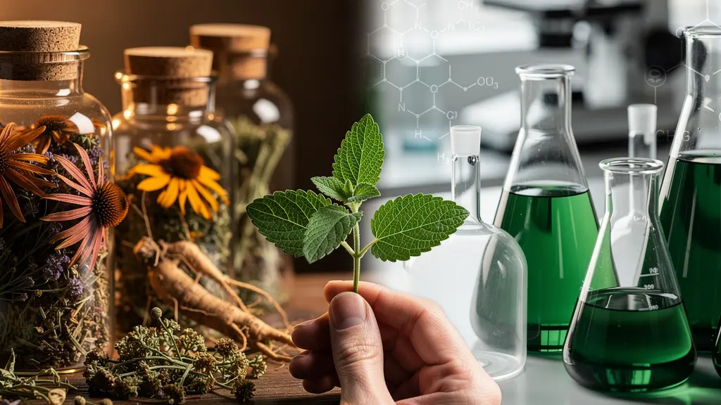 Fusion visuelle entre médecine traditionnelle et phytothérapie moderne avec plantes et laboratoire