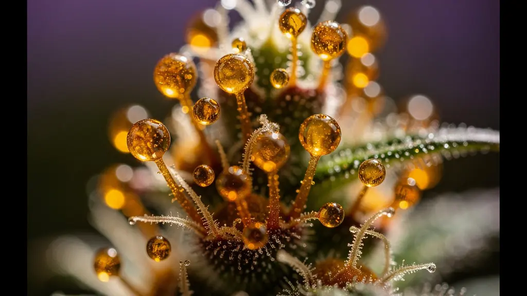 Vue microscopique des trichomes glandulaires capités-pédonculés sur une fleur de chanvre