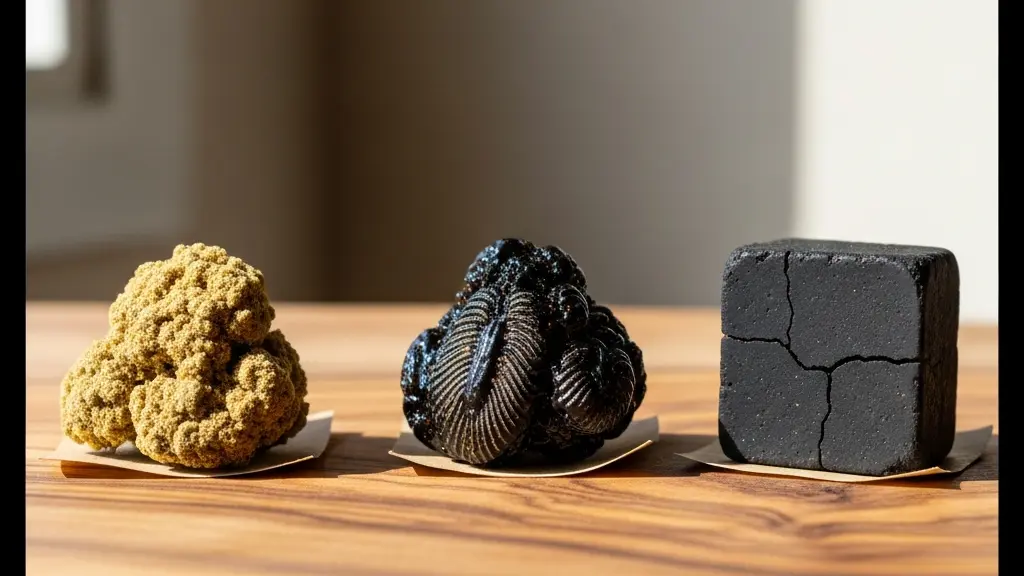 Trois échantillons distincts de résine CBD alignés sur une surface en bois naturel, illustrant les textures variées du pollen sableux, du charas gras et de l'afghan compact