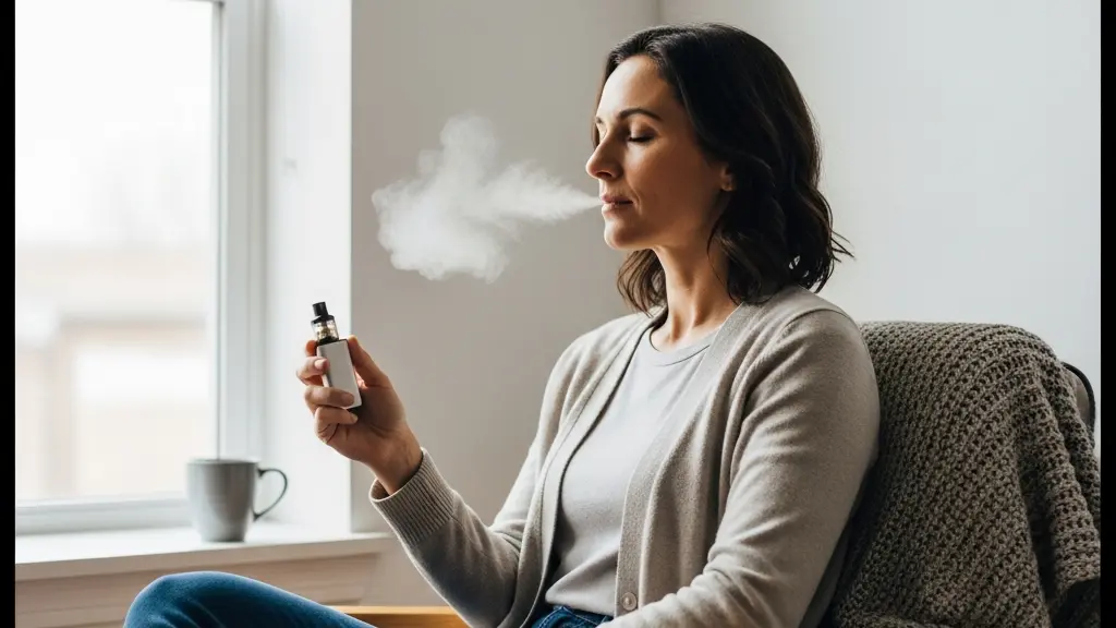 Une personne assise près d’une fenêtre respire calmement en tenant une petite vapoteuse sans marque, dans une ambiance douce et apaisante avec beaucoup d’espace vide pour une accroche éditoriale.