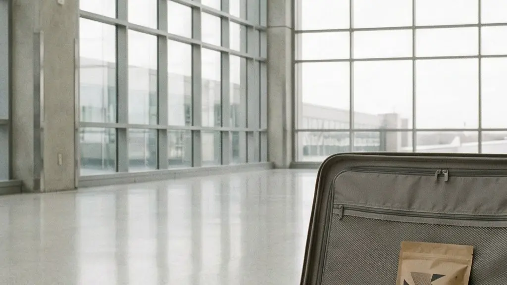 Valise ouverte dans un hall d'aéroport lumineux avec un emballage kraft scellé posé à l'intérieur, éclairage naturel minimaliste