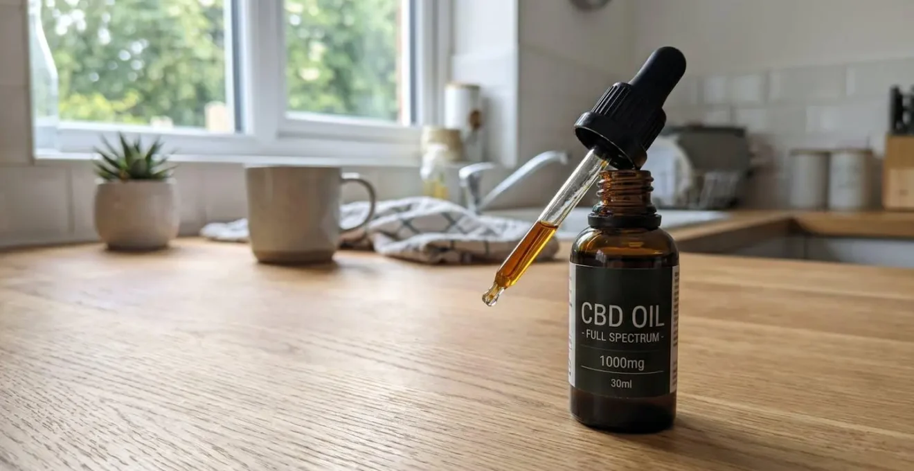 Flacon d'huile de CBD 10% avec pipette compte-gouttes posé sur une table en bois clair, lumière naturelle douce du matin