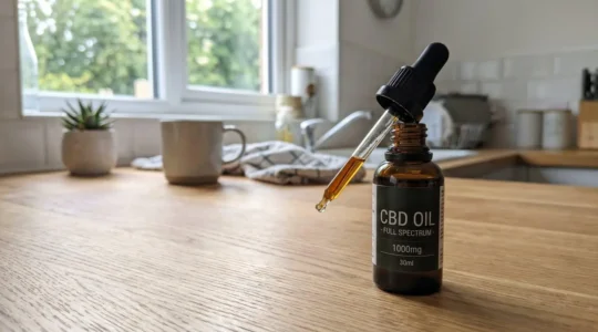 Flacon d'huile de CBD 10% avec pipette compte-gouttes posé sur une table en bois clair, lumière naturelle douce du matin