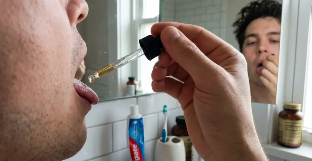 Gros plan d'une personne déposant des gouttes d'huile de CBD 10% sous la langue avec une pipette compte-gouttes en verre Gros plan d'une personne déposant des gouttes d'huile de CBD 10% sous la langue avec une pipette compte-gouttes en verre